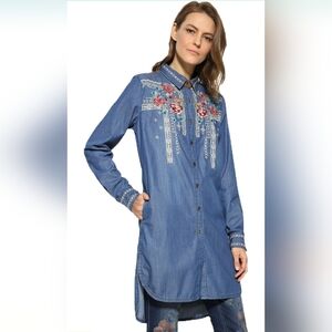 Desigual Lizzy Embroidered Faux Suede Chambray Denim Yoke Shirt Dress S Western